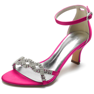 Roze satijnen strass lage hak enkelband bruiloft sandalen