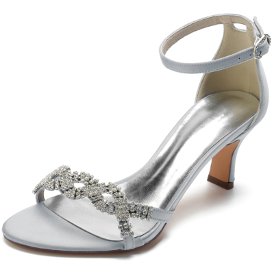 Zilveren satijnen strass lage hak enkelband bruiloft sandalen