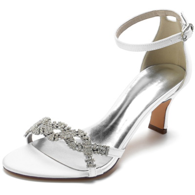 Satijn witte strass lage hak enkelband bruiloft sandalen