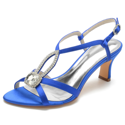 Koningsblauw satijnen strass Open teen Chunky lage hak avond sandalen