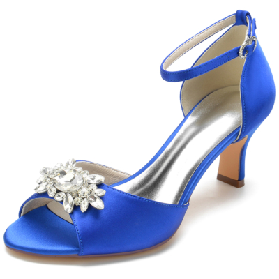 Koningsblauw satijnen strass Peep Toe spoelhak enkelbandje sandalen voor feest