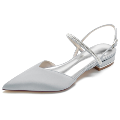Zilveren satijnen strass slingback puntige teen platte sandalen