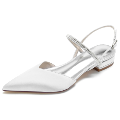 Witte satijnen strass slingback puntige teen platte sandalen