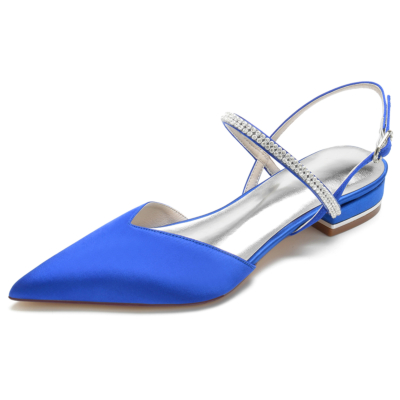 Koningsblauwe satijnen strass slingback puntige teen platte sandalen
