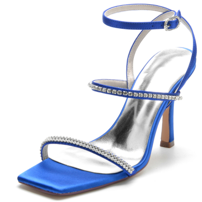 Koningsblauw satijnen strass tri-bandjes open teen naaldhak party sandalen