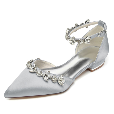 Zilveren satijnen strass bruiloft flats schoenen bruids d'orsay schoenen
