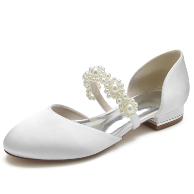 Witte satijnen ronde neus parelriem Mary Jane flats bruiloft sandalen