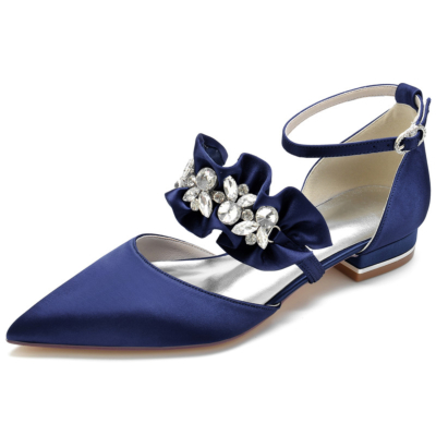 Marineblauwe satijnen platte schoenen met ruches en enkelbandjes met strassteentjes D'orsay platte schoenen