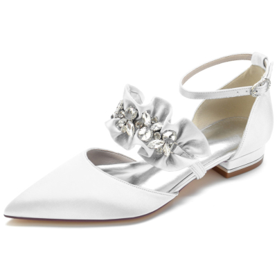 Platte schoenen met witte satijnen ruches en enkelbandjes met strassteentjes D'orsay platte schoenen
