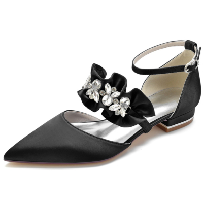 Platte schoenen met zwarte satijnen ruches en enkelbandjes met strassteentjes D'orsay platte schoenen