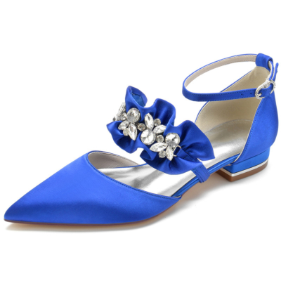 Koningsblauwe satijnen ruches platte schoenen met strass enkelband D'orsay platte schoenen