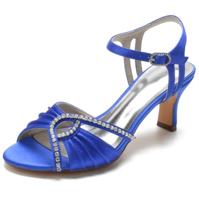 Koningsblauw satijn Ruffle Strass lage hak bruiloft sandalen bruid schoenen