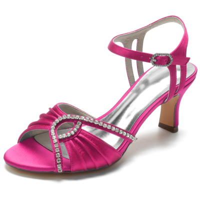 Roze satijn ruche strass lage hak bruiloft sandalen bruid schoenen