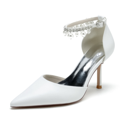 Wit satijn stevige pumps schoenen parel enkelband D'orsay naaldhakken voor dans