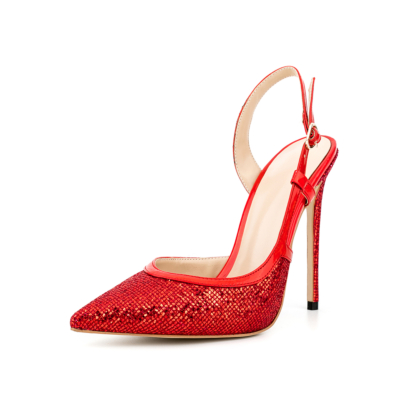 Rode pailletten slingback hakken glitter spitse neus hoge hak jurk schoenen