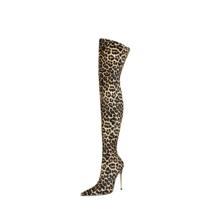 Sexy luipaard bedrukte jurk laarzen 12 cm hoge hak dij hoge laars