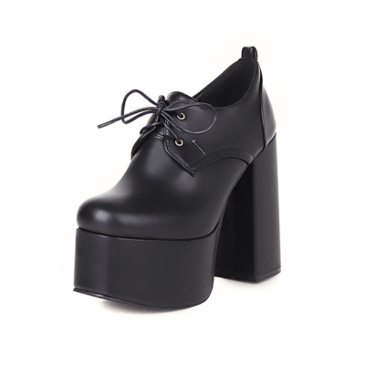 Zwarte platform loafer veterschoenen met dikke hak en ronde neus