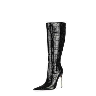 Zwarte kniehoge laarzen met slangenprint Metallic naaldhaklaarzen met ritssluiting aan de achterkant