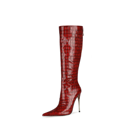 Rode kniehoge laarzen met slangenprint Metallic naaldhaklaarzen met ritssluiting aan de achterkant
