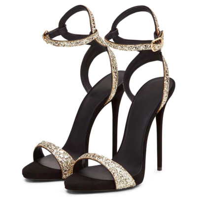 Gouden glitter stilettohak gesp enkelband sandalen met open teen