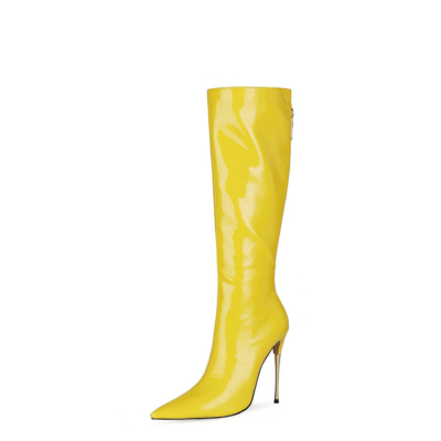 Glanzende gele hoge laarzen met rits Metallic kniehoge laarzen met naaldhak voor werk