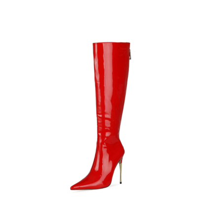 Rode hoge laarzen met rits Metallic kniehoge laarzen met naaldhak voor werk