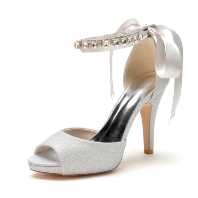 Zilver glitter peep toe enkelband naaldhak platform bruiloft sandalen met strik