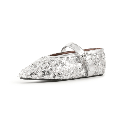 Zilveren balletschoenen met pailletten, comfortabele ronde neus, plat met gesp