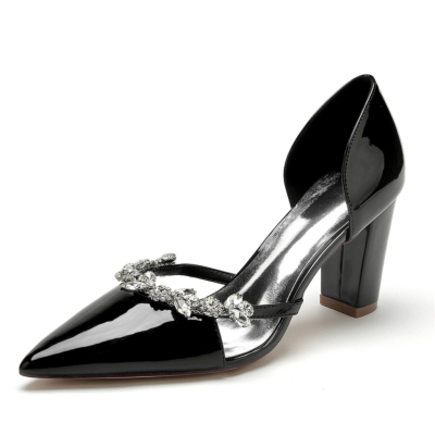 Zwarte instapper D'orsay pumps met strass versierde geklede schoenen met dikke hakken
