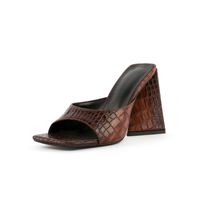 Bruine sandalen met slangeneffect en hakken met hak van 4 inch, jurken met blokhak, schoenen
