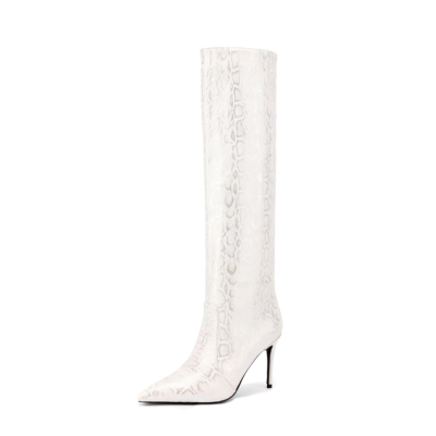 Witte slangenprint kniehoge stiletto laarzen puntige teen jurk laarzen voor dames