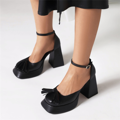 Zwarte dikke hak platform kwast Mary Janes D'orsay schoenen