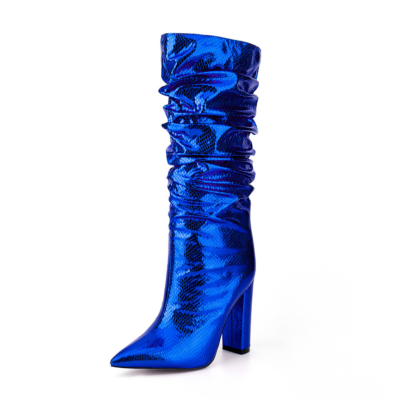 Blauwe slangenprint Metallic kniehoge laarzen Slouch Chunky Heel Boots