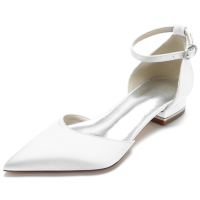 Witte stevige comfortabele enkelband platte satijnen platte schoenen met spitse neus