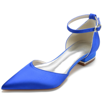 Koningsblauwe stevige comfortabele enkelband platte satijnen platte schoenen met spitse neus