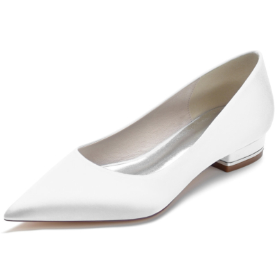 Witte stevige satijnen platte schoenen met spitse neus Comfortabele platte damesschoenen voor op het werk