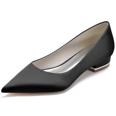 Zwarte stevige satijnen platte schoenen met spitse neus Comfortabele platte damesschoenen voor op het werk