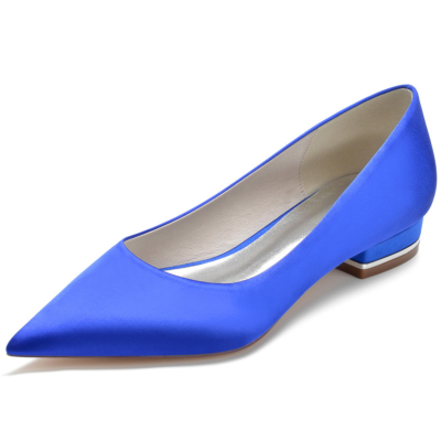 Royal Blue Solid Satin Flats Puntige teen Comfortabele platte damesschoenen voor op het werk