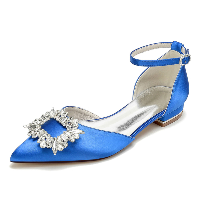 Royal Blue Square Rhinestone Buckle Pointed Toe Ankle Strap Wedding Bride's Flat