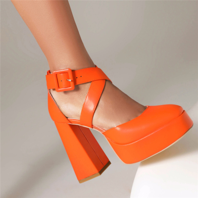 Oranje vierkante neus gekruiste platform dikke hak D'orsay schoenen Mary Janes