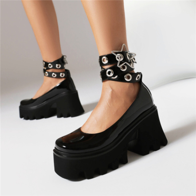 Zwarte patent vierkante neus platform Mary Jane dikke hakken enkel wrap ster gesp schoenen