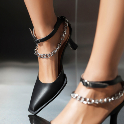 Zwarte sandalen met vierkante neus, kloshak, enkelbandje, kettingsandalen, jurken, schoenen