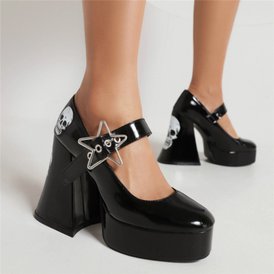 Stark Buckle Platform Mary Jane Chunky Heels Gothic schoenen met schedelprint