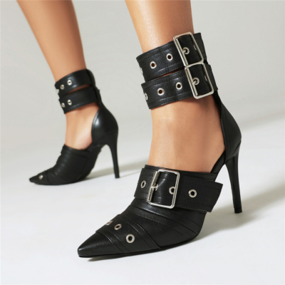 Zwarte naaldhak-gesp D'orsay-sandalen met gesloten teen