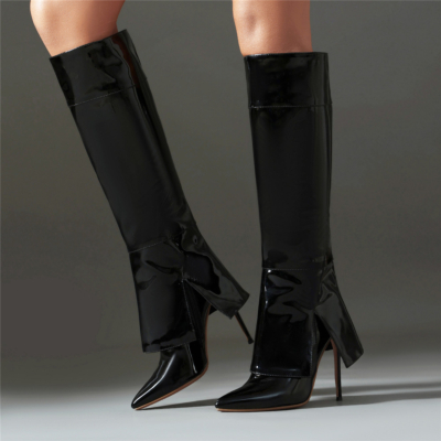 Zwarte kniehoge laarzen met naaldhak, uitgesneden enkellaarzen, jurken, schoenen
