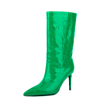 Halfhoge laarzen met puntige neus en stiletto's in groen steenpatroon