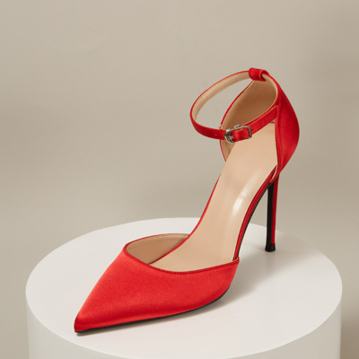 Rode satijnen puntige teen D'orsay enkelband stiletto hakken pumps