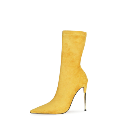 Gele suède stretch stiletto enkelsokken laarzen met spitse neus en hakken