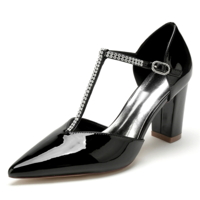 Zwarte Jeweled T-Strap D'orsay Block Heels Vintage Jurken Schoenen Pumps