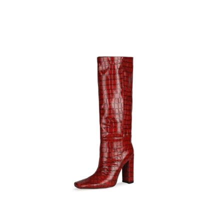 Kniehoge laarzen met rode krokodillenprint voor dames met vierkante neus